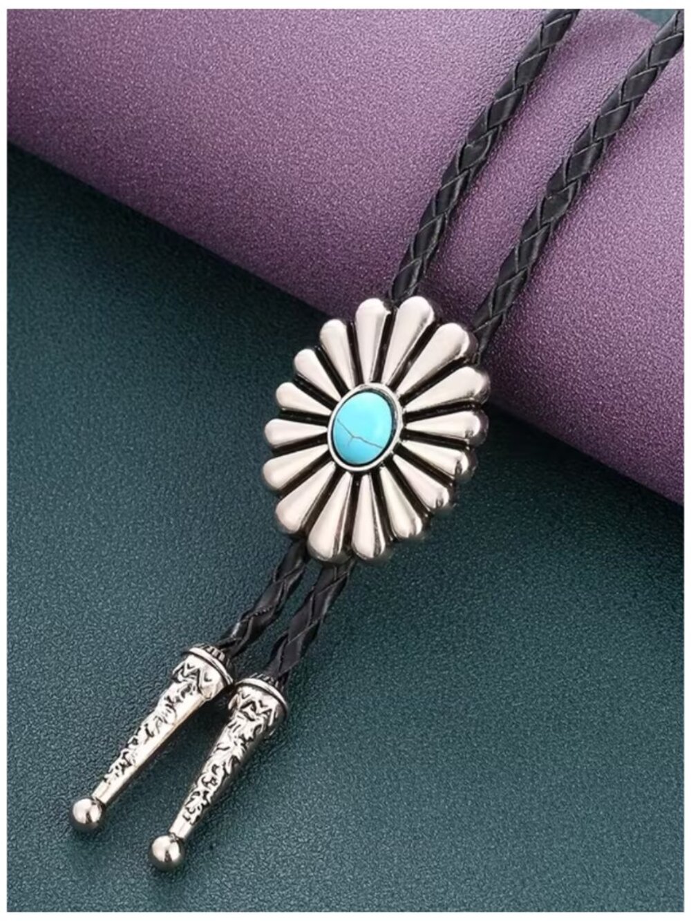American Southwest Sunburst Bolo Tie Turquoise Aged Silver & Black Braided Rope